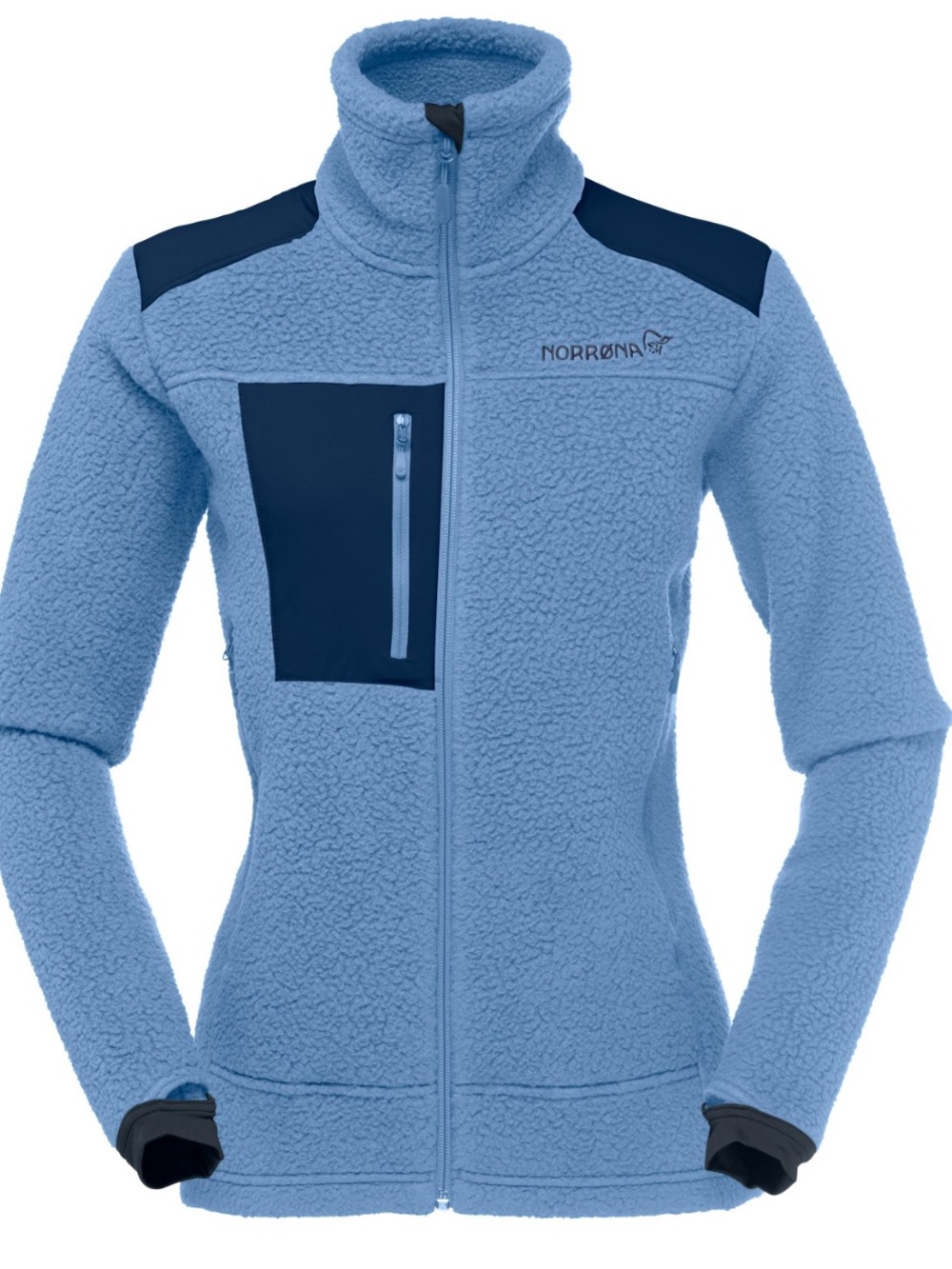 Norrøna Women's Trollveggen Thermal Pro Teddy Jacket in Light Blue & aqua blue